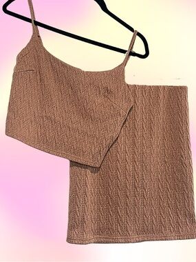 Tan TWO PIECE Textured Knit Cami Top + Skirt
